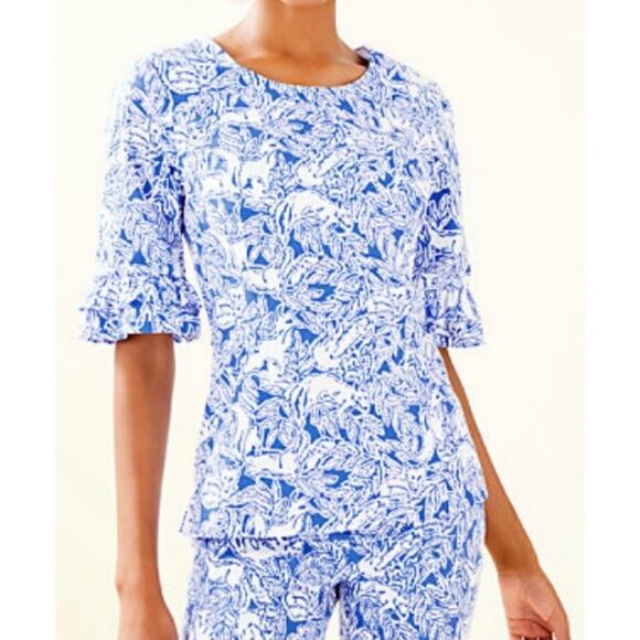 Lilly Pulitzer Top Womens Size 00 Coastal Blue Fancy Feet Fiesta Blouse Ruffle - Picture 1 of 14